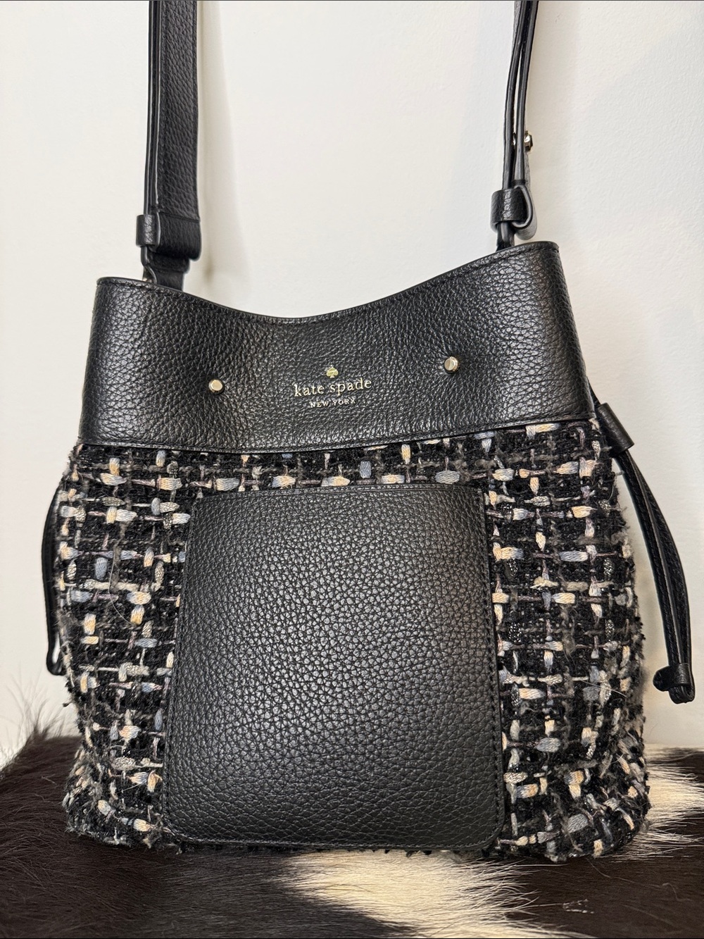 kate spade Marti Black Tweed Pebbled Leather Bucket Shoulder Bag